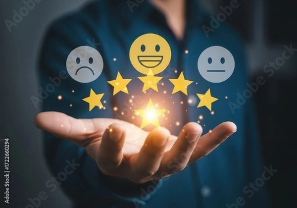Fototapeta Customer satisfaction survey with star ratings and smiley face icons held in hand stars