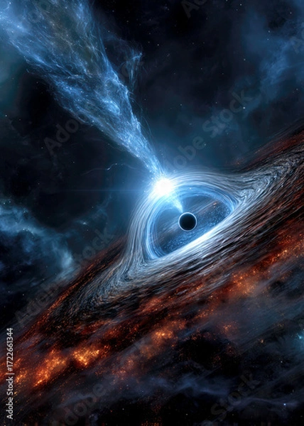 Fototapeta Majestic Black Hole Swirling Cosmic Dust While Emitting Brilliant Jets of Energy in the Depths of Space