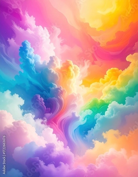 Obraz Swirling pastel clouds merge in a vibrant, dreamlike sky. Colors blend seamlessly, creating a whimsical & ethereal atmosphere