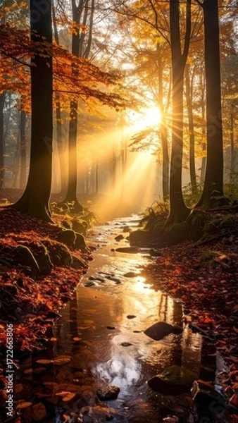 Obraz Sun shines through autumn trees, reflects in a creek with rocks, leaves scattered around trunks. The forest glistens warmly in morning light