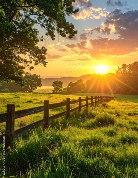 Obraz Golden sun rises over a green field bordered by a rustic fence, with a tree framing the scene and clouds streaking across the sky