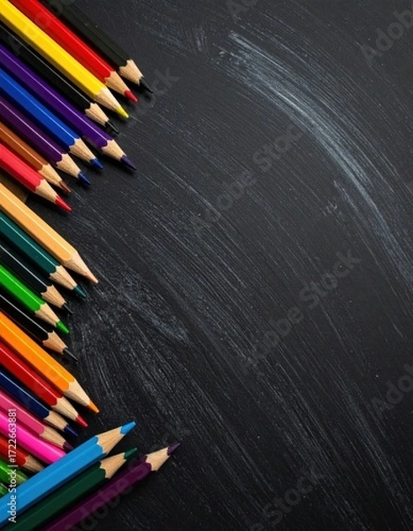 Obraz A vibrant array of colored pencils neatly arranged along the edge of a scratched black surface, suggesting creativity or learning