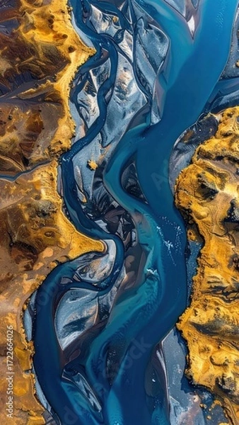 Obraz Winding turquoise river flows through a yellow, rocky landscape. An aerial view shows the intricate patterns of the river's braided channels
