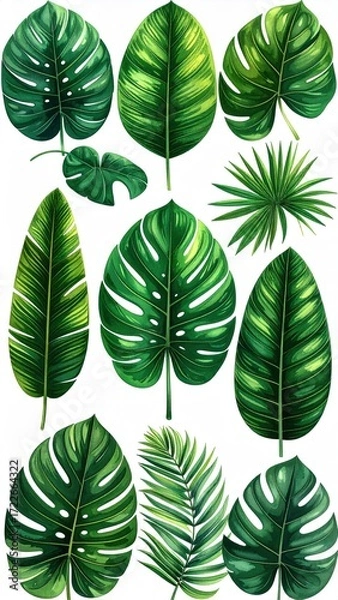 Obraz A detailed illustration features diverse, bright green tropical foliage with varying shapes and textures, arranged against a plain white background