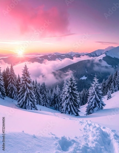 Obraz Snowy mountain landscape at sunset, with fir trees and pink clouds. Footprints are visible in the snow