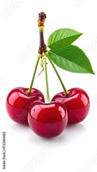 Obraz Three glossy red cherries, still on a green stem with leaves, are isolated against a pure white backdrop casting soft shadows