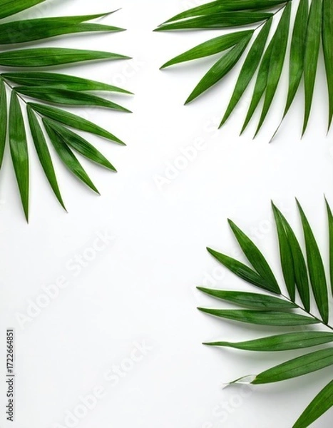 Obraz Three clusters of bright green palm fronds diagonally frame an empty, bright white space, creating a simple, fresh, organic, natural design