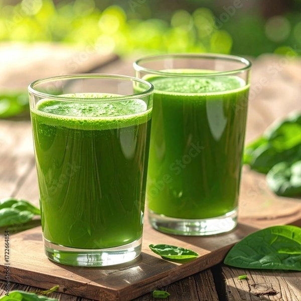 Obraz Two full glasses of vibrant green smoothie sit on a rustic wooden board with spinach leaves, bright bokeh background