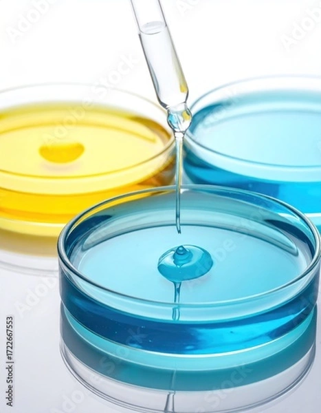 Fototapeta Close-up shows a clear pipette dropping liquid into a petri dish filled with light blue liquid; two other petri dishes in the background