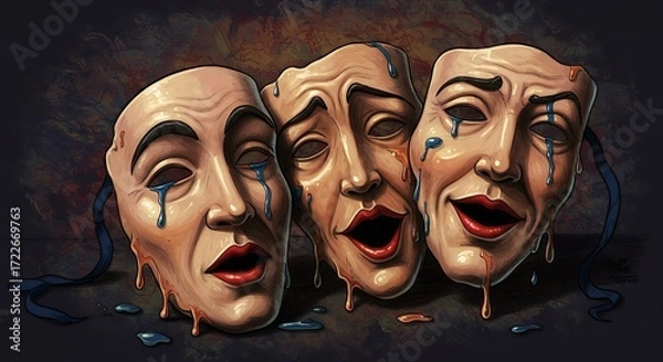 Fototapeta Three theatrical masks expressing sadness and joy