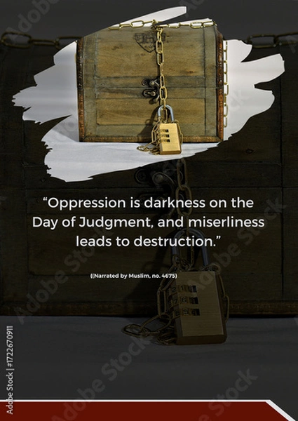 Obraz Motivational quote about oppression, judgment, and miserliness leading to destruction, displayed on a graphic with a locked wooden box.