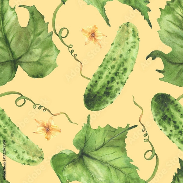 Fototapeta Cucumbers watercolor seamless pattern with yellow flowers, plant tendril, buds and leaves Hand drawn watercolor illustration for farm vegetable packaging, fabric design on Isolated coloured background