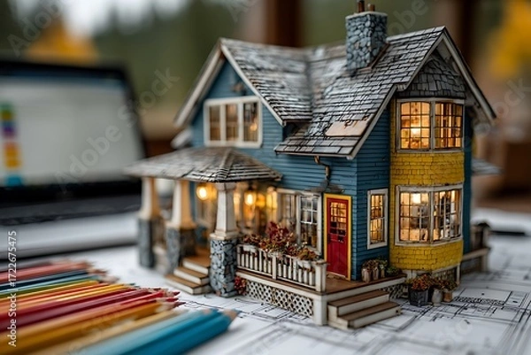 Fototapeta Miniature blue yellow house model with red door and illuminated windows miniature house