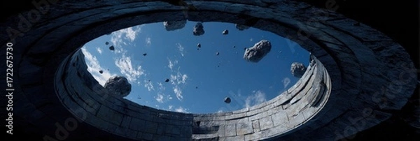 Fototapeta Round window on black background revealing space universe with open door leading to another dimension, blue sky asteroids and spaceship creating cinematic abstract business concept.