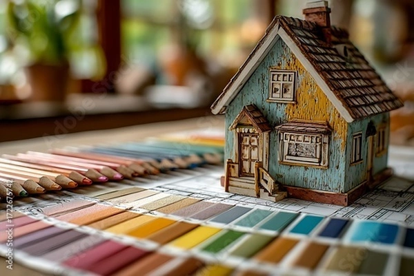 Fototapeta Miniature house model with color swatches and pencils architectural model