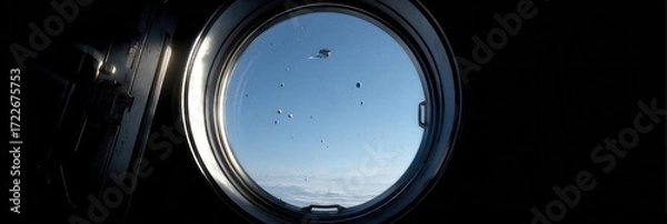 Fototapeta Round window on black background revealing space universe with open door leading to another dimension, blue sky asteroids and spaceship creating cinematic abstract business concept.