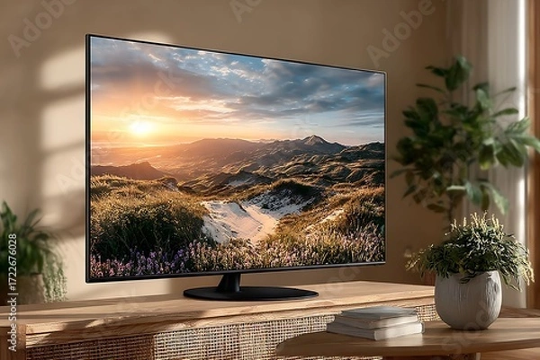 Fototapeta Modern flat screen display showing scenic landscape television stand