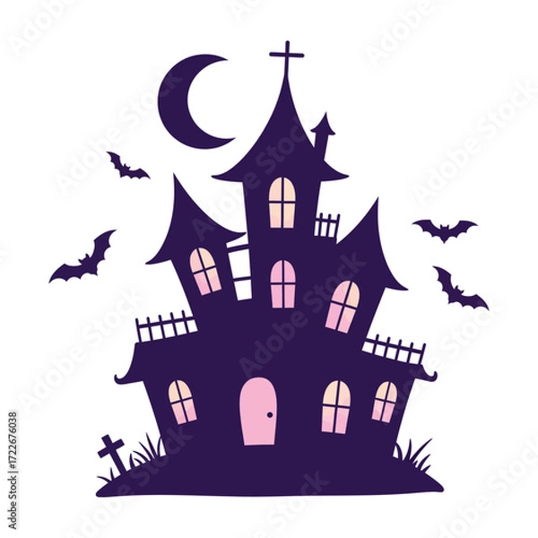 Fototapeta Vector art of spooky purple haunted house with bats and moon