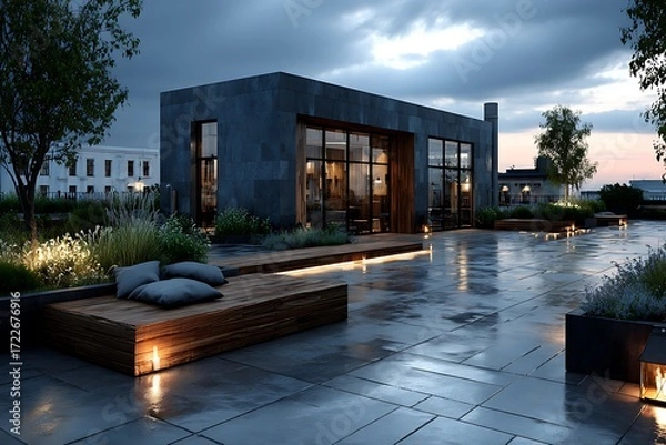 Fototapeta Modern rooftop terrace with building and seating outdoor