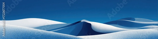 Fototapeta Flat illustration depicting snow dunes with blue sky in minimalist style featuring simple lines and gradient color scheme creating serene tranquil atmosphere for design backgrounds.