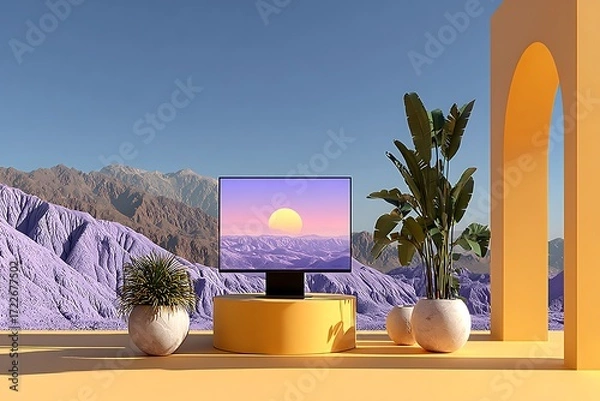 Fototapeta Modern screen display with vibrant sunset landscape and lush plants mountains
