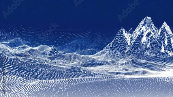 Fototapeta Futuristic digital landscape with blue gradient background featuring undulating surface covered in white dots resembling mountain range made from light and energy lines creating movement and depth.