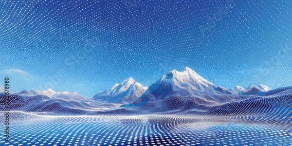 Fototapeta Futuristic digital landscape with blue gradient background featuring undulating surface covered in white dots resembling mountain range made from light and energy lines creating movement and depth.