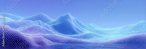 Fototapeta Futuristic digital landscape with blue gradient background featuring undulating surface covered in white dots resembling mountain range made from light and energy lines creating movement and depth.