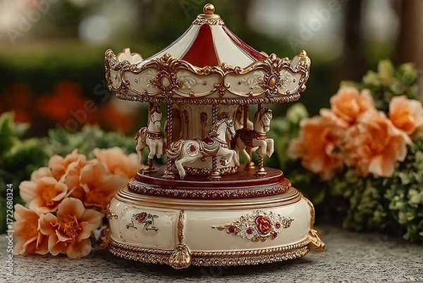 Fototapeta Ornate carousel music box with white horses and red accents decorative