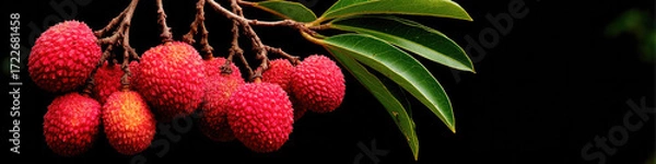 Fototapeta Fresh lychee fruit hanging on branch with red textured skin and vibrant green leaves against dark background creating natural organic composition for healthy food concepts.