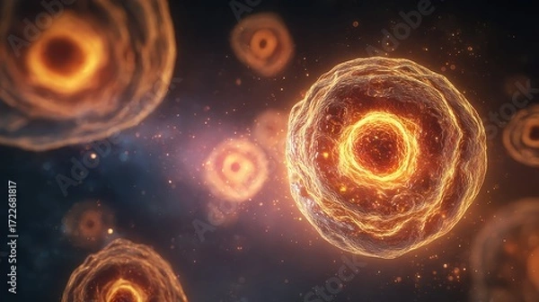 Obraz Microscopic View of Glowing Cells with Bright Centers and Vibrant Colors