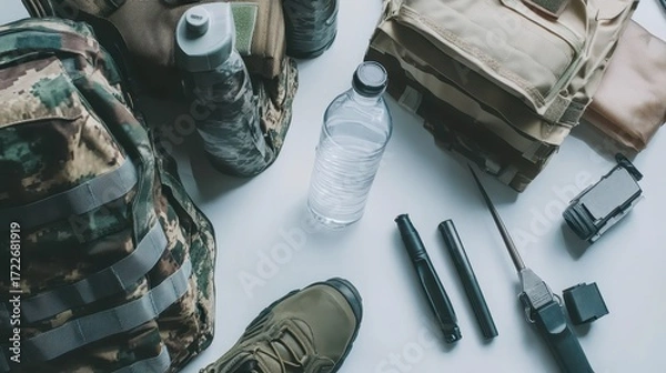 Obraz Military Gear and Equipment Displayed on White Surface