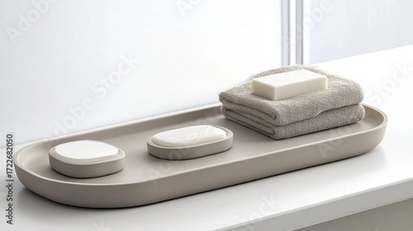 Obraz Minimalist Bathroom Accessories with Soap and Towel on Tray