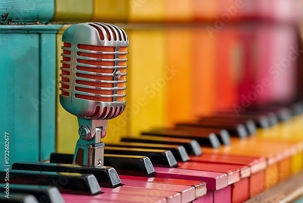 Fototapeta Retro microphone on colorful piano keys vintage keyboard