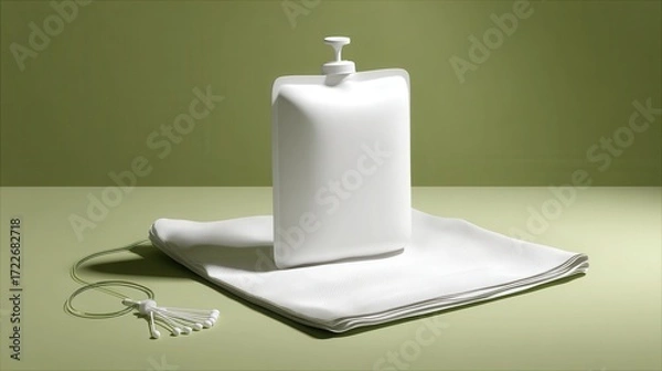 Obraz Minimalist White Bottle on Fresh Green Background with Towel