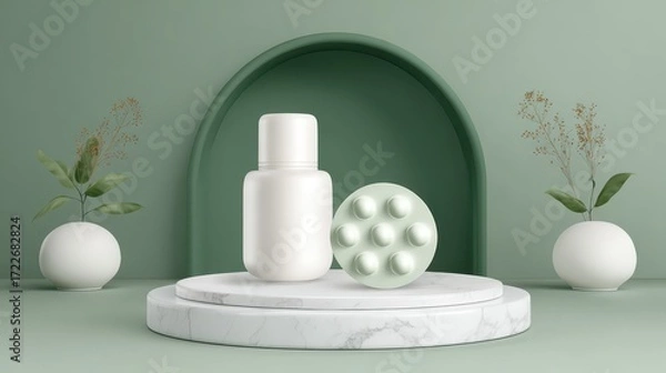 Obraz Minimalistic Display of Cosmetic Bottle and Round Soap in Green Setting