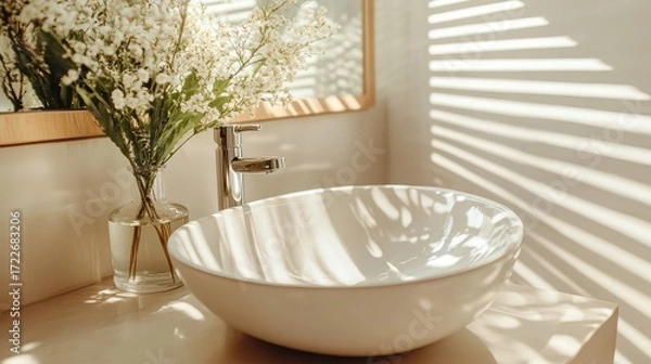 Obraz Modern Bathroom with Elegant Bowl Sink and Natural Light Shadows