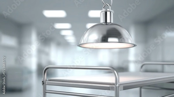 Obraz Modern Chrome Light Fixture Hanging Over Clean Medical Workstation