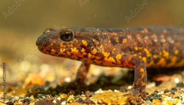 Fototapeta Close-up view of a newt, showcasing its textured skin and focused gaze as it navigates a submerged, rocky environment