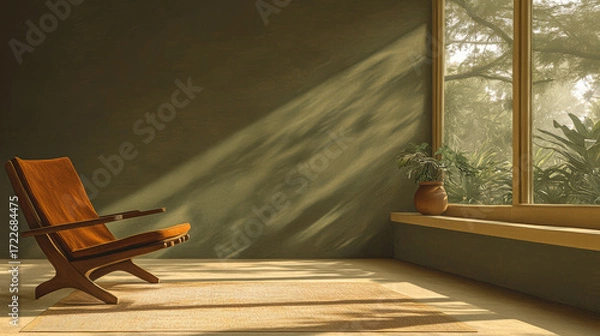 Fototapeta Natural light fills a cozy corner with an elegant chair and plants in a serene indoor space during the late afternoon