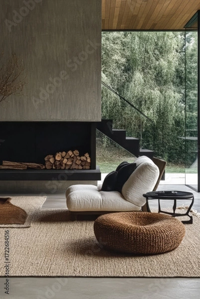 Fototapeta Cozy modern living space with relaxing seating area and large windows showcasing nature