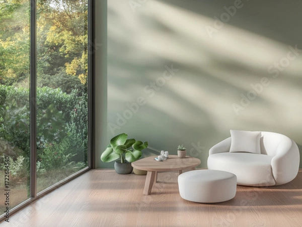 Fototapeta Modern minimalist living space with large window and natural greenery view in tranquil setting