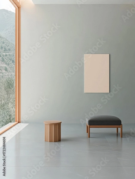 Fototapeta Minimalist interior design featuring a wooden chair and side table in a serene room with mountain view on a sunny day