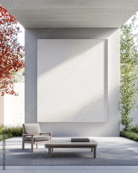 Fototapeta Modern outdoor lounge with minimalist design and large canvas in serene garden setting during daylight