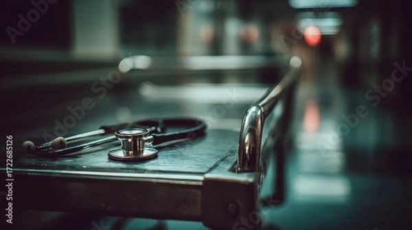Obraz Medical Emergency Stethoscope on Hospital Gurney in Dark Corridor