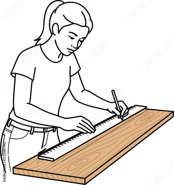 Fototapeta Illustration of a woman drawing a line on a piece of wood with a ruler and pencil.