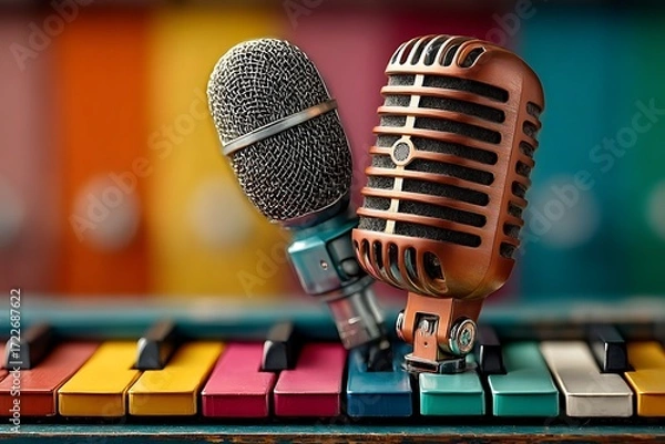 Fototapeta Vintage microphones on colorful piano keys keyboard music