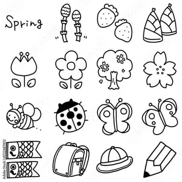 Fototapeta 手描き線画のかわいい春のイラスト素材セット