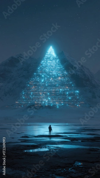 Fototapeta Person standing atop glowing blue data pyramid made of code lines in icy landscape under starry sky creating mysterious cinematic scene with snow-covered mountains and futuristic technology elements.