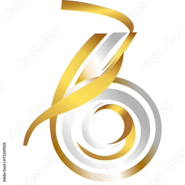 Fototapeta Shiny number 6 design wrapped with golden ribbon and silver swirl, ideal for celebration, luxury, or New Year graphics.